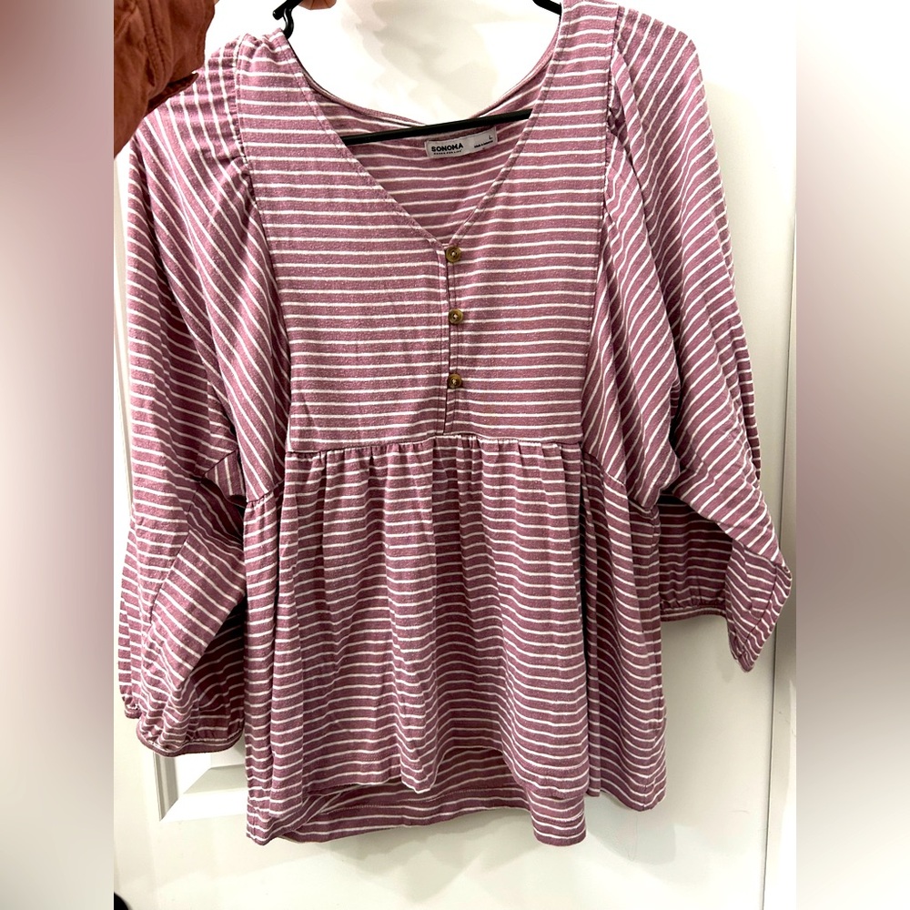 Sonoma purple and white stripped babydoll shirt. Size L.